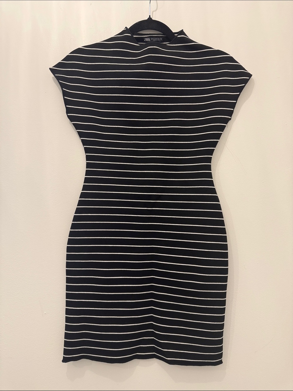 Zara Black and White Striped Cap-Sleeve Sheath Dress